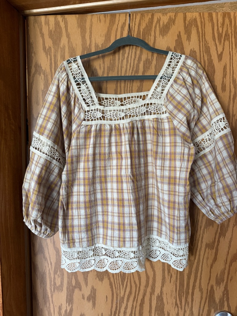 Boho Plaid Crochet-Trim Peasant Blouse in Yellow and Gray